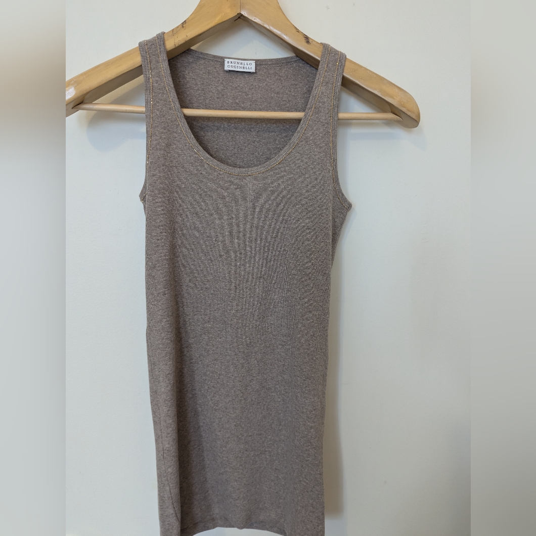 Brunello Cuccinelli Beaded Taupe Jersey Tank Top | Xs